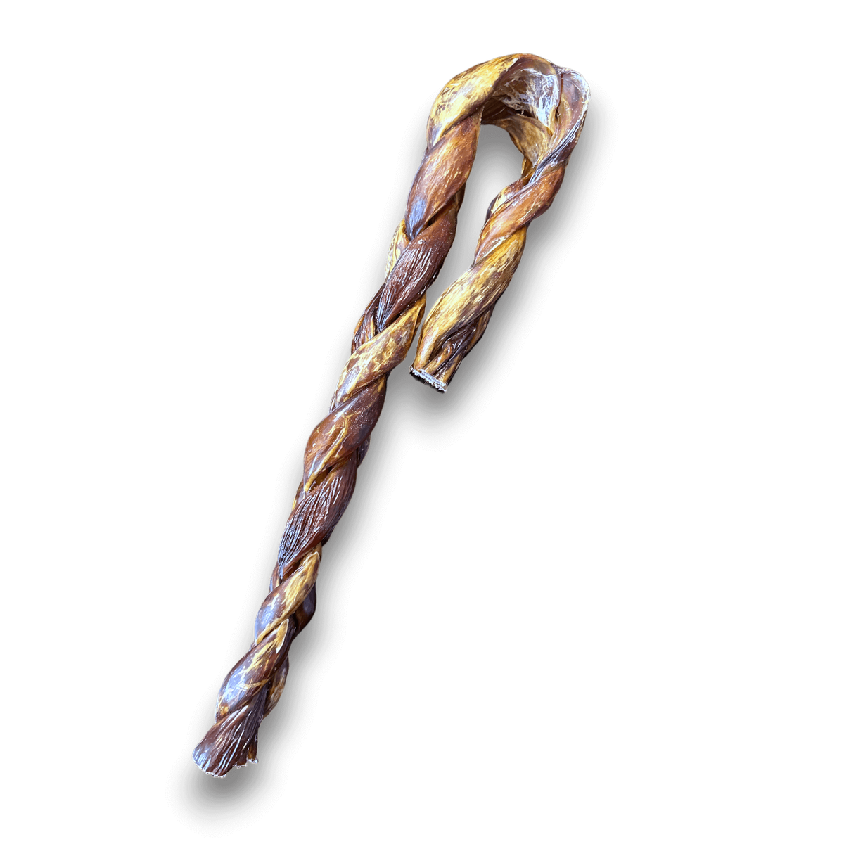 12 inch braided beef esophagus dog chew on a white background