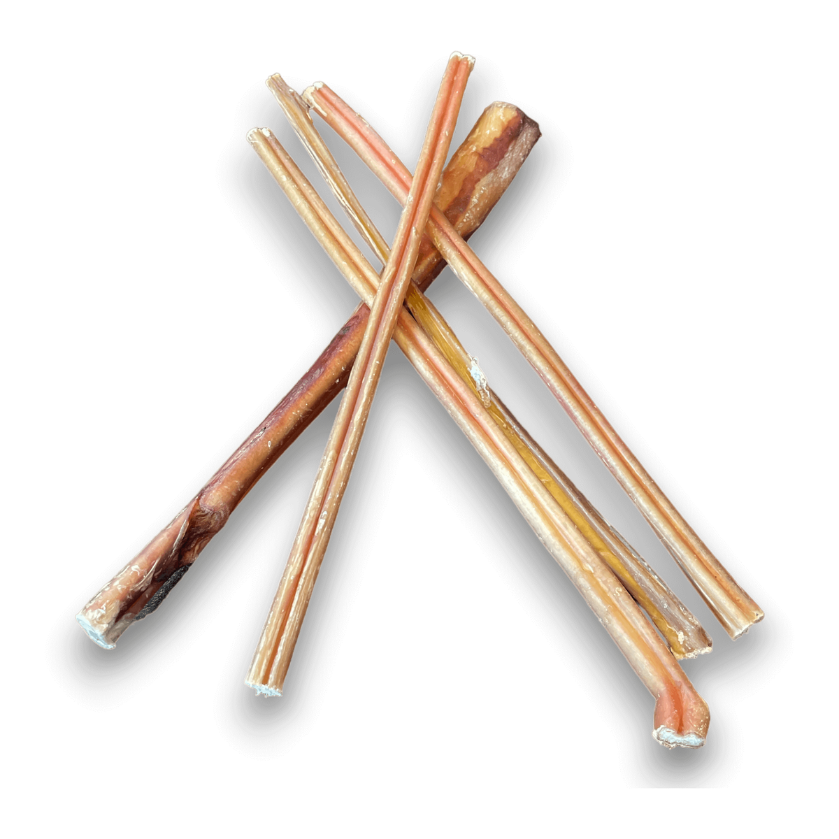 Five 12 inch bully stick dog chews on a white background