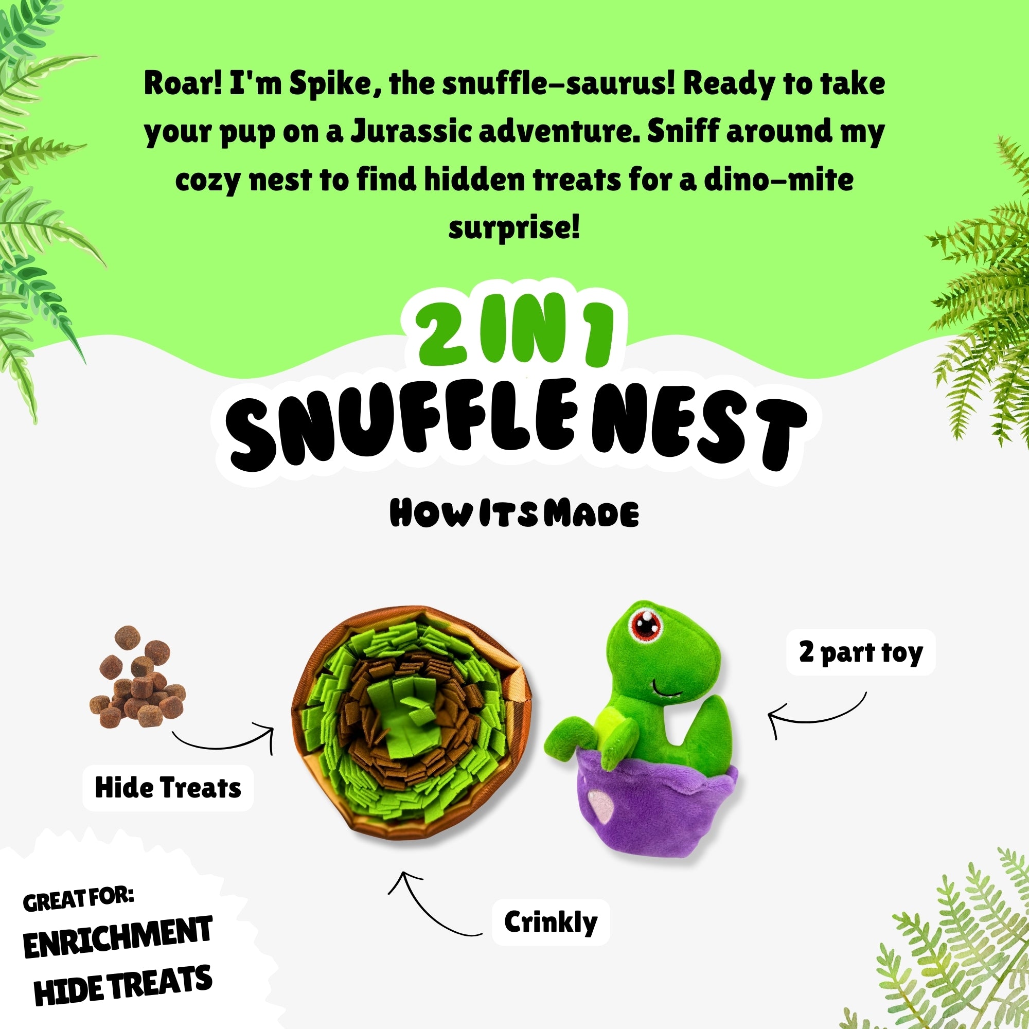 2-in-1 Snuffle Nest dog toy featuring plush dinosaur and circular nest with layered green flaps and a “Hide Treats” label