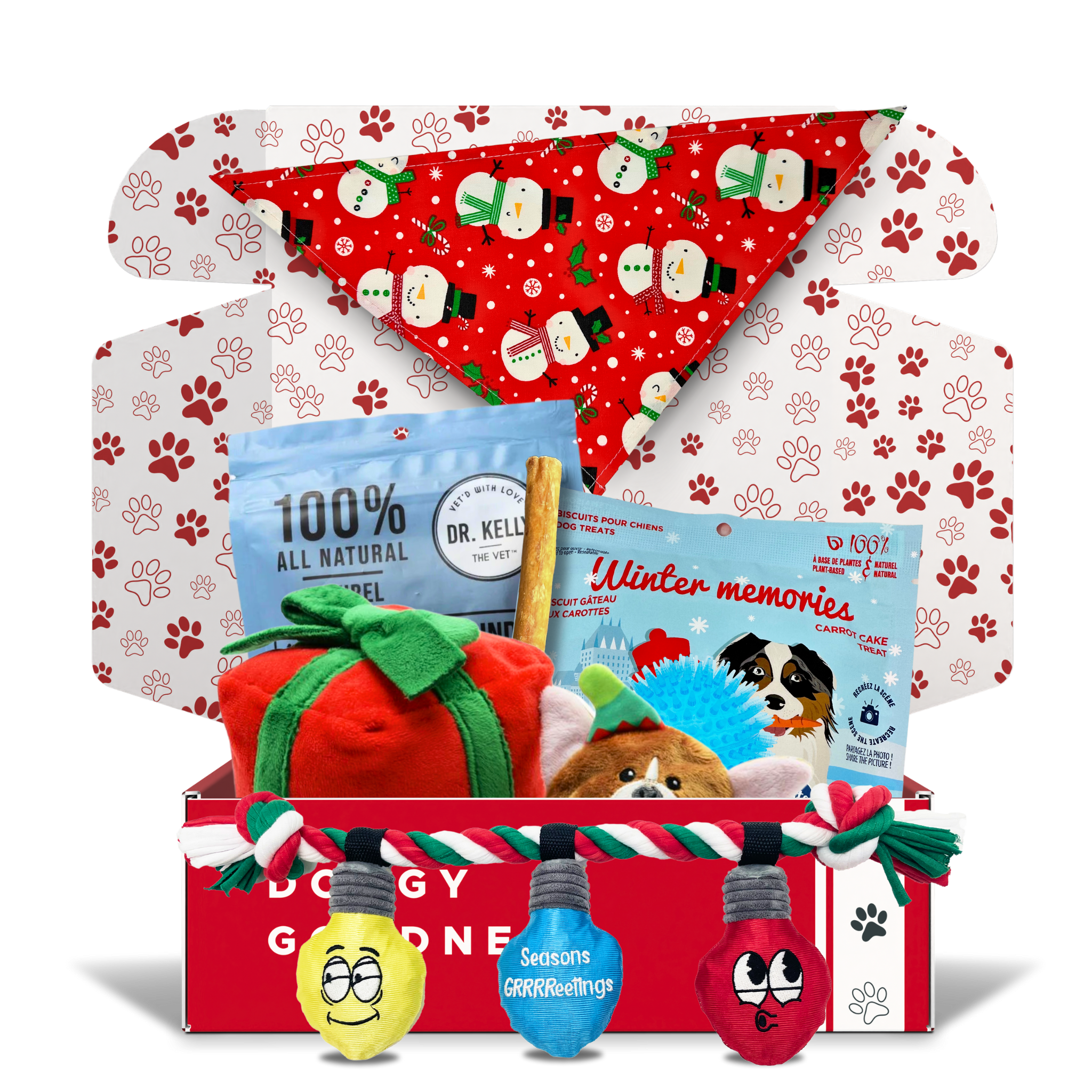 Open WoofCrate box filled with Christmas toys, chewy stick, themed bandana, and paw-print decorated packaging