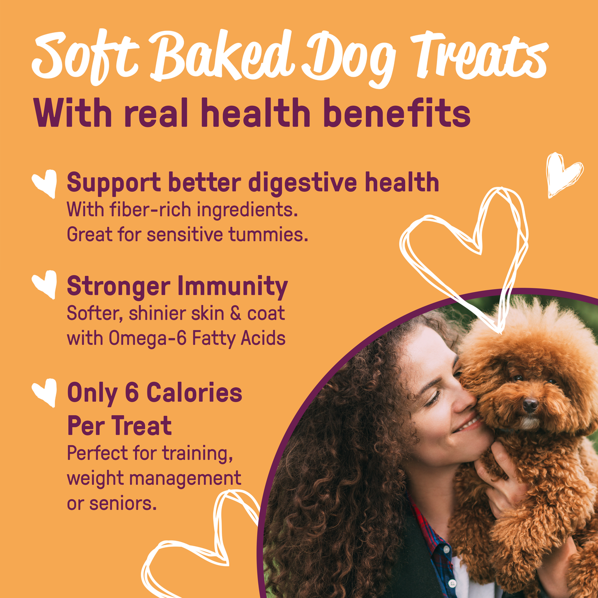 Woman cuddling her dog with CookiePal soft baked treat benefits: 6 calories per treat, skin, coat and digestion support