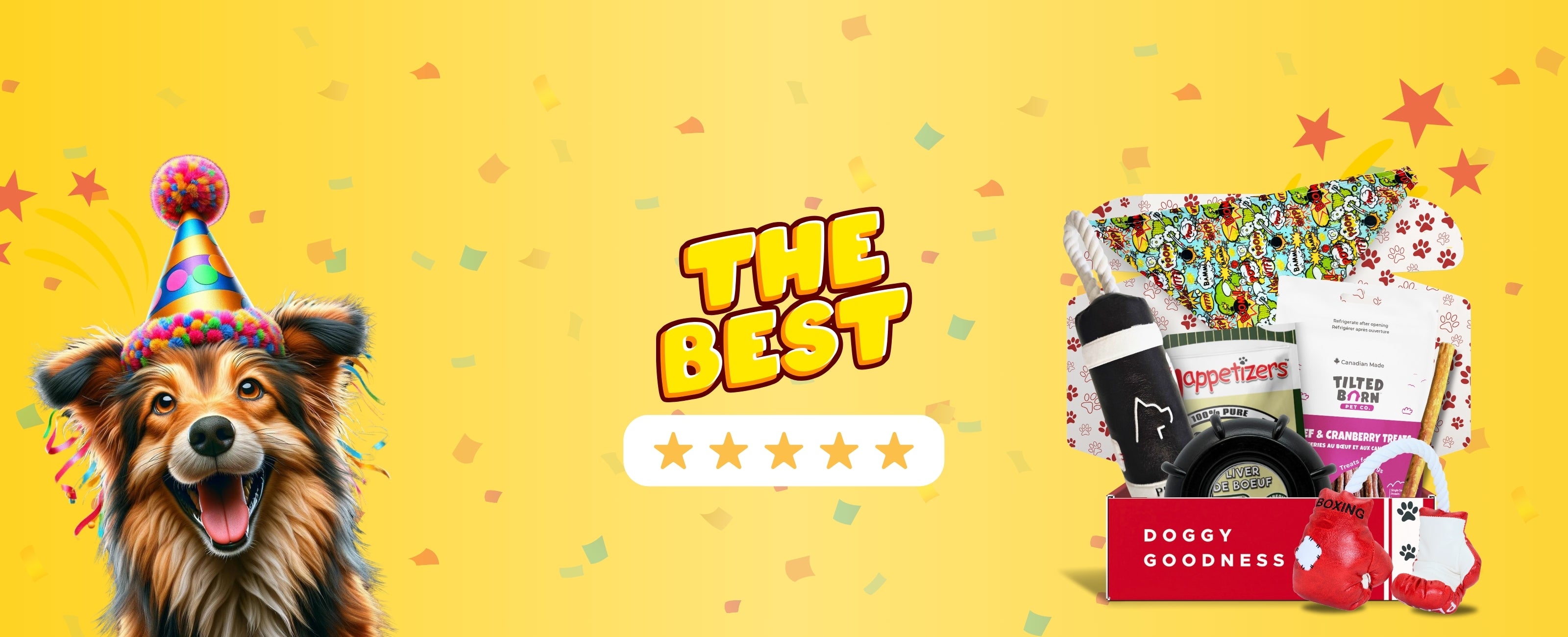 A happy dog in a birthday hat beside a WoofCrate box with toys and treats under a five-star “The Best” celebration banner