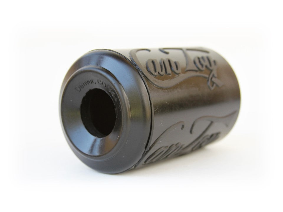 Black SodaPup Magnum Can Toy, side view showing the treat opening