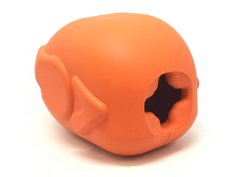 Orange rubber Roasted Turkey treat dispenser, view of the treat opening