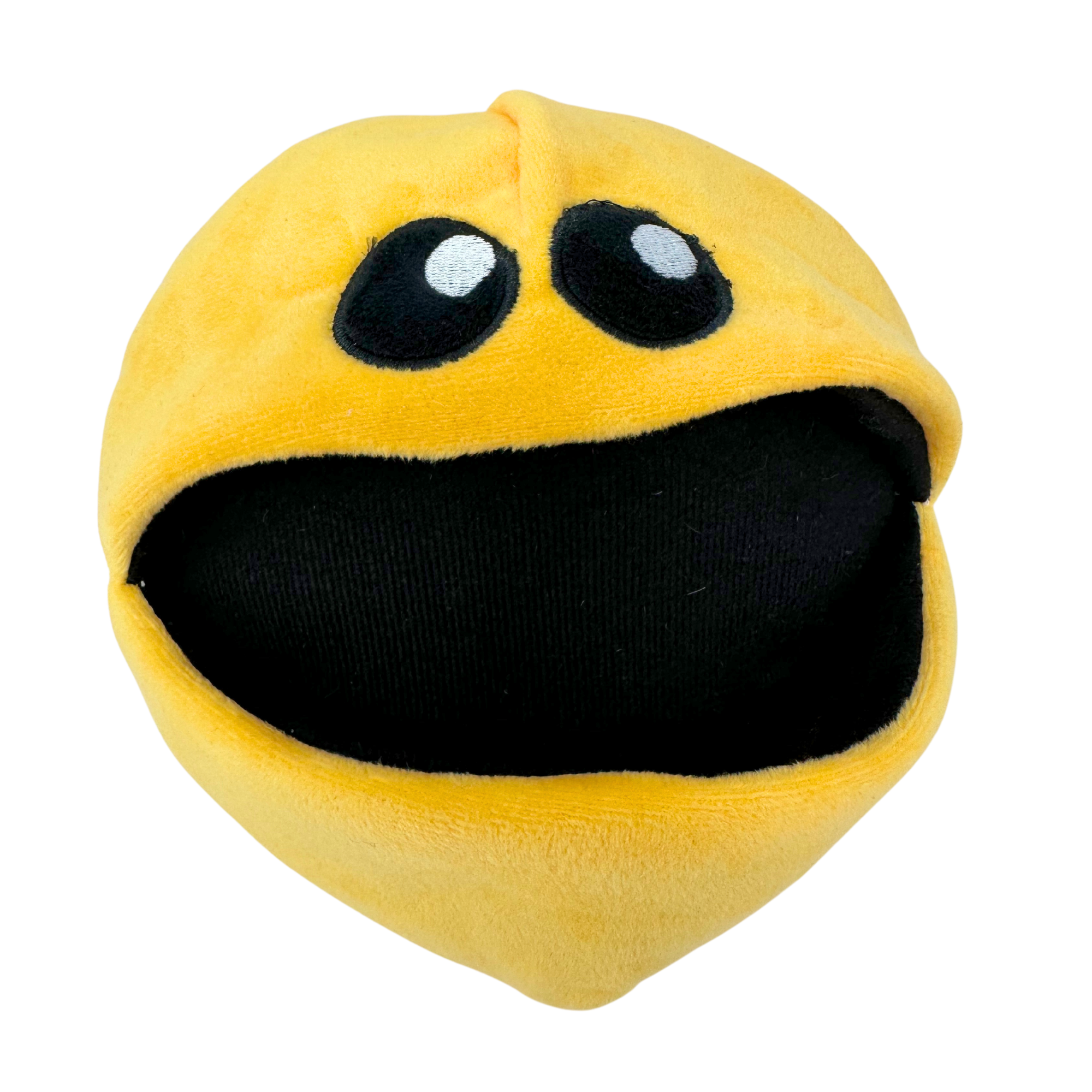 Yellow plush dog toy with a wide open mouth and big black eyes