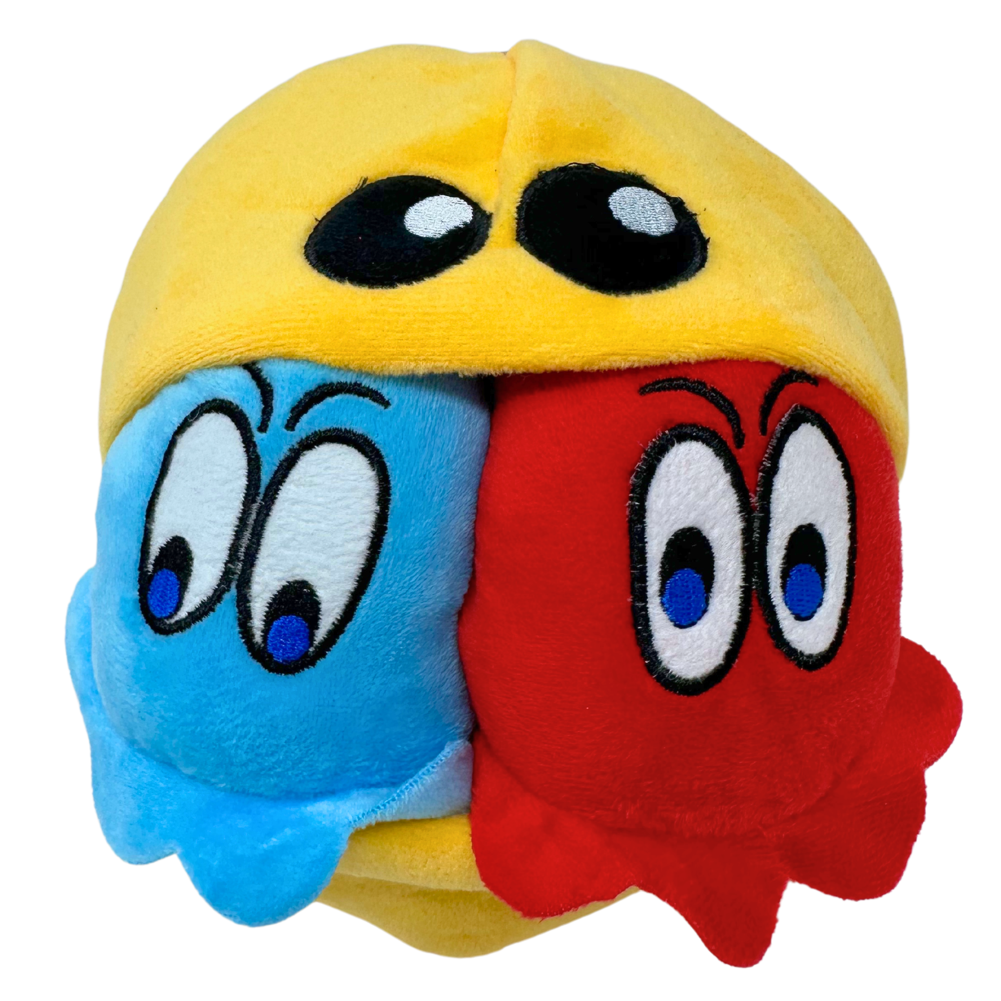 Yellow plush dog toy with open mouth stuffed with blue and red ghost toys