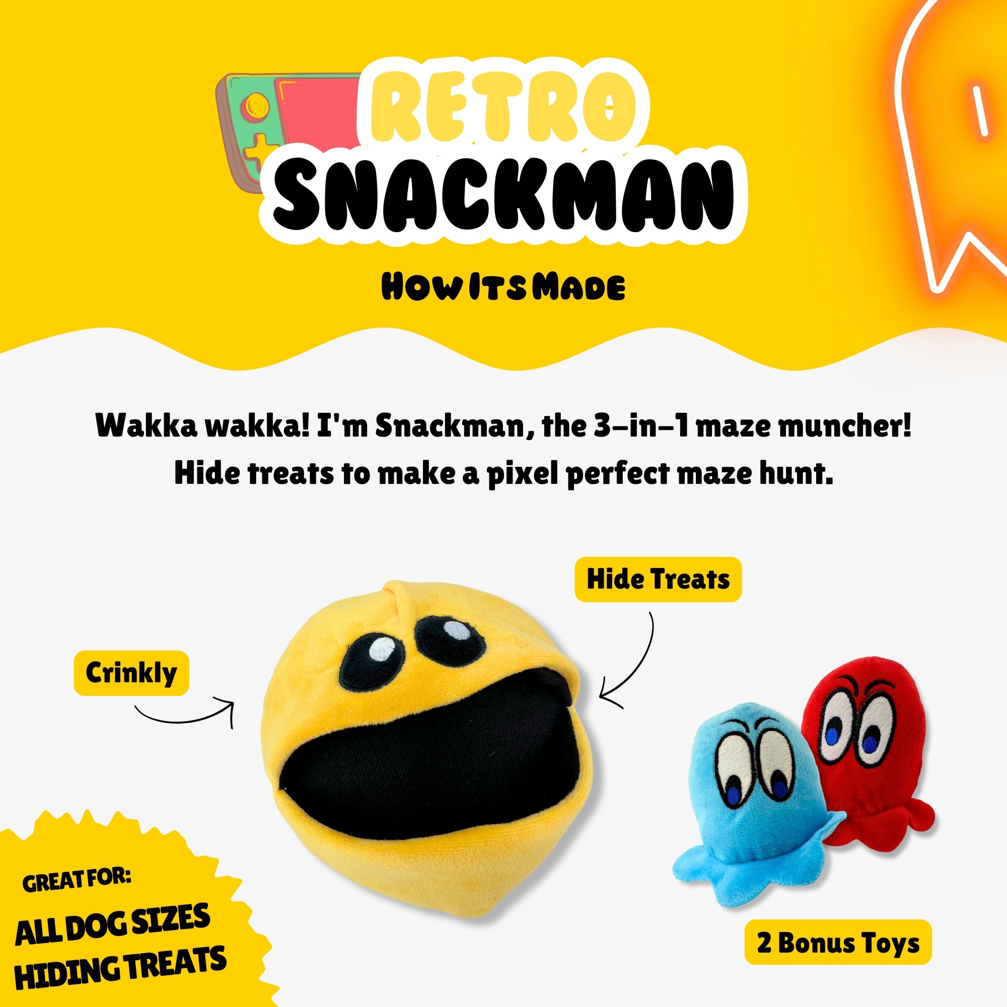 Retro Snackman 3-in-1 dog toy with treat-hiding mouth and 2 bonus ghost toys