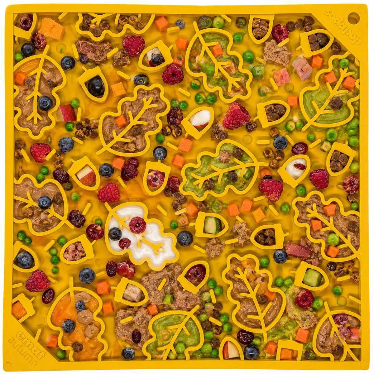 Yellow Autumn lick mat covered in colourful treats