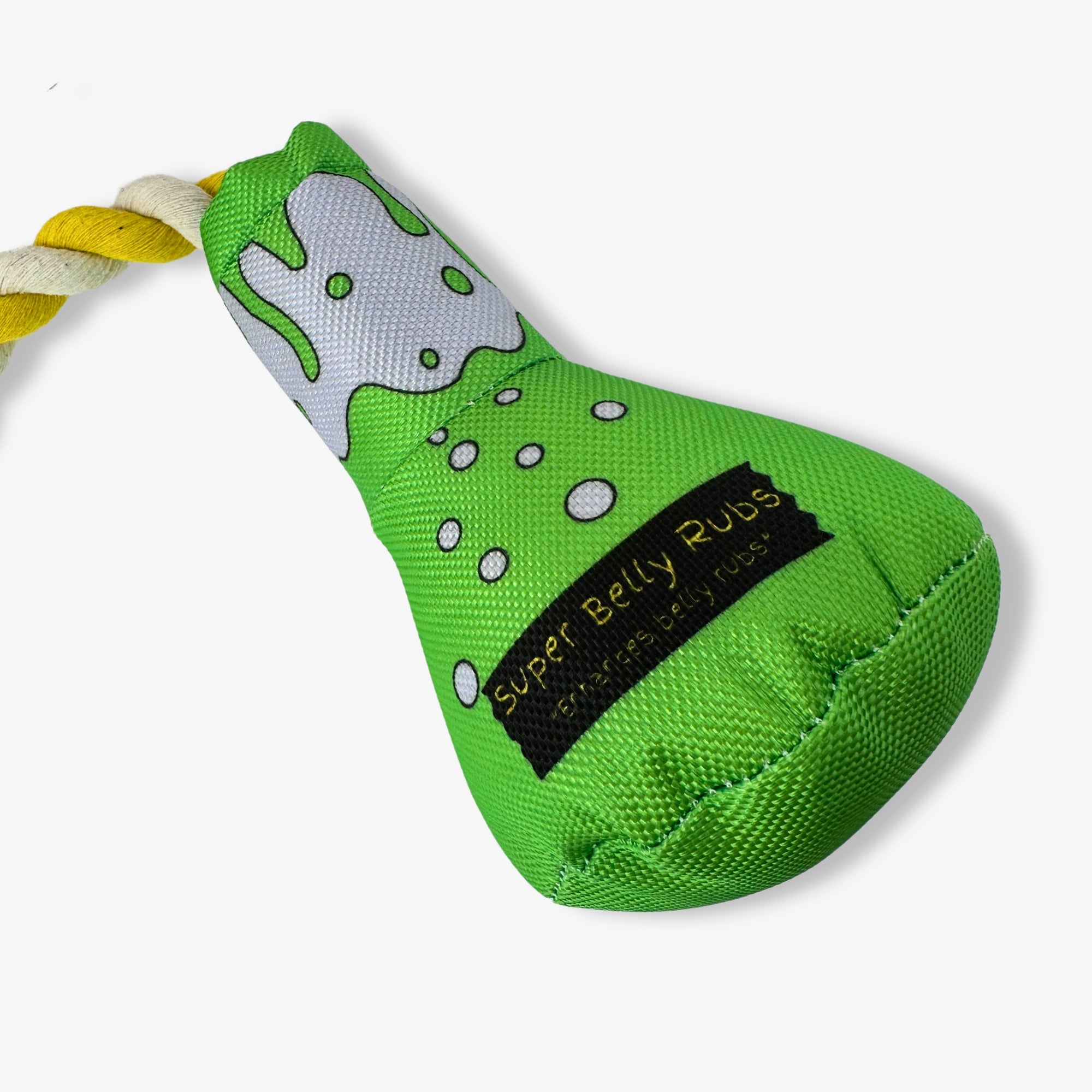 Green plush dog toy shaped like a science beaker, labeled “Super Belly Rubs,” and attached to a rope