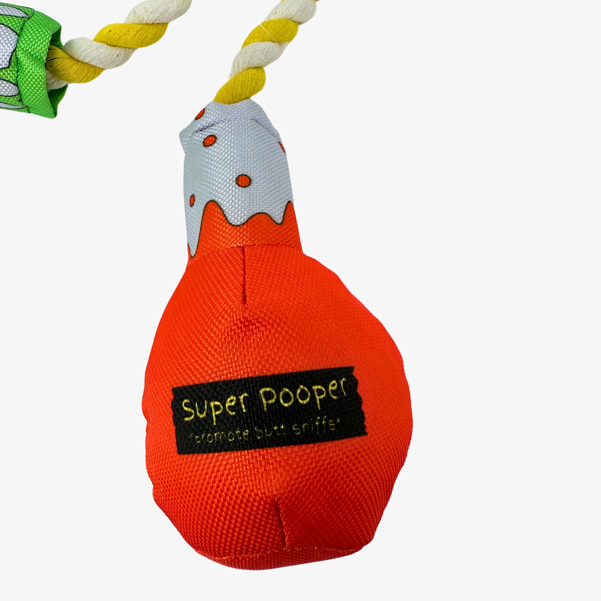 Orange plush dog toy shaped like a science beaker, labeled “Super Pooper,” and attached to a rope
