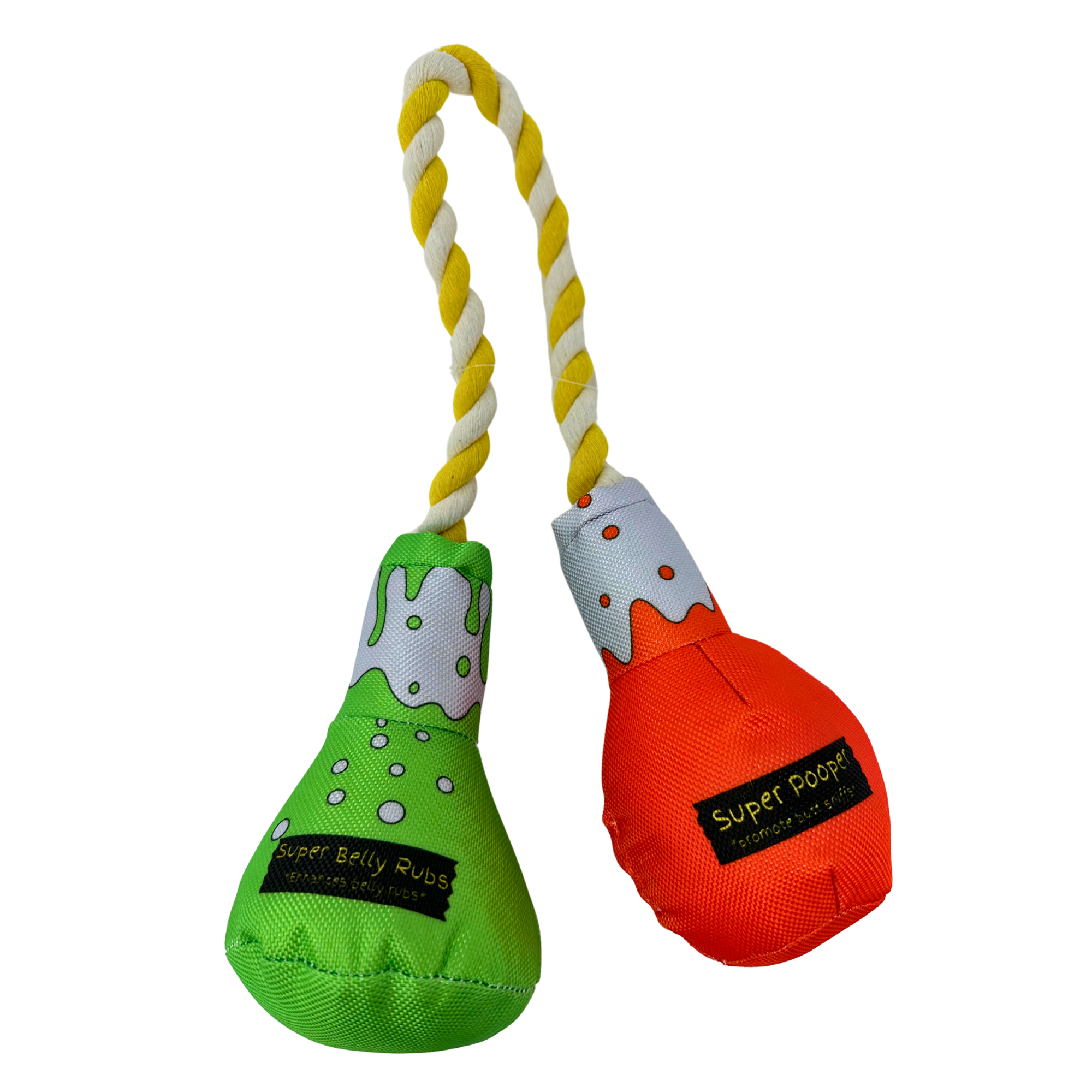 Green and orange plush dog toy in lab beaker design, connected by yellow and white twisted rope
