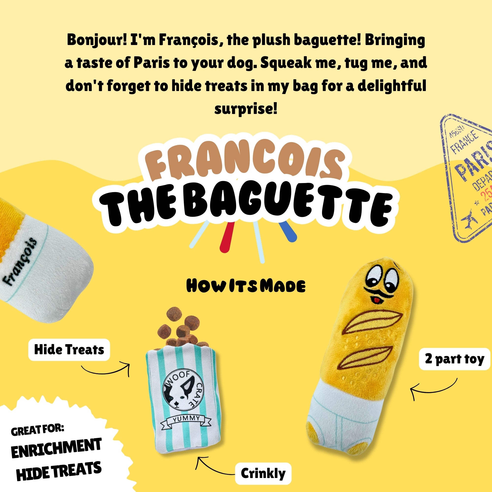 François the Baguette plush dog toy with labeled features: crinkly bag, hide treats, and 2-part toy with mustached face