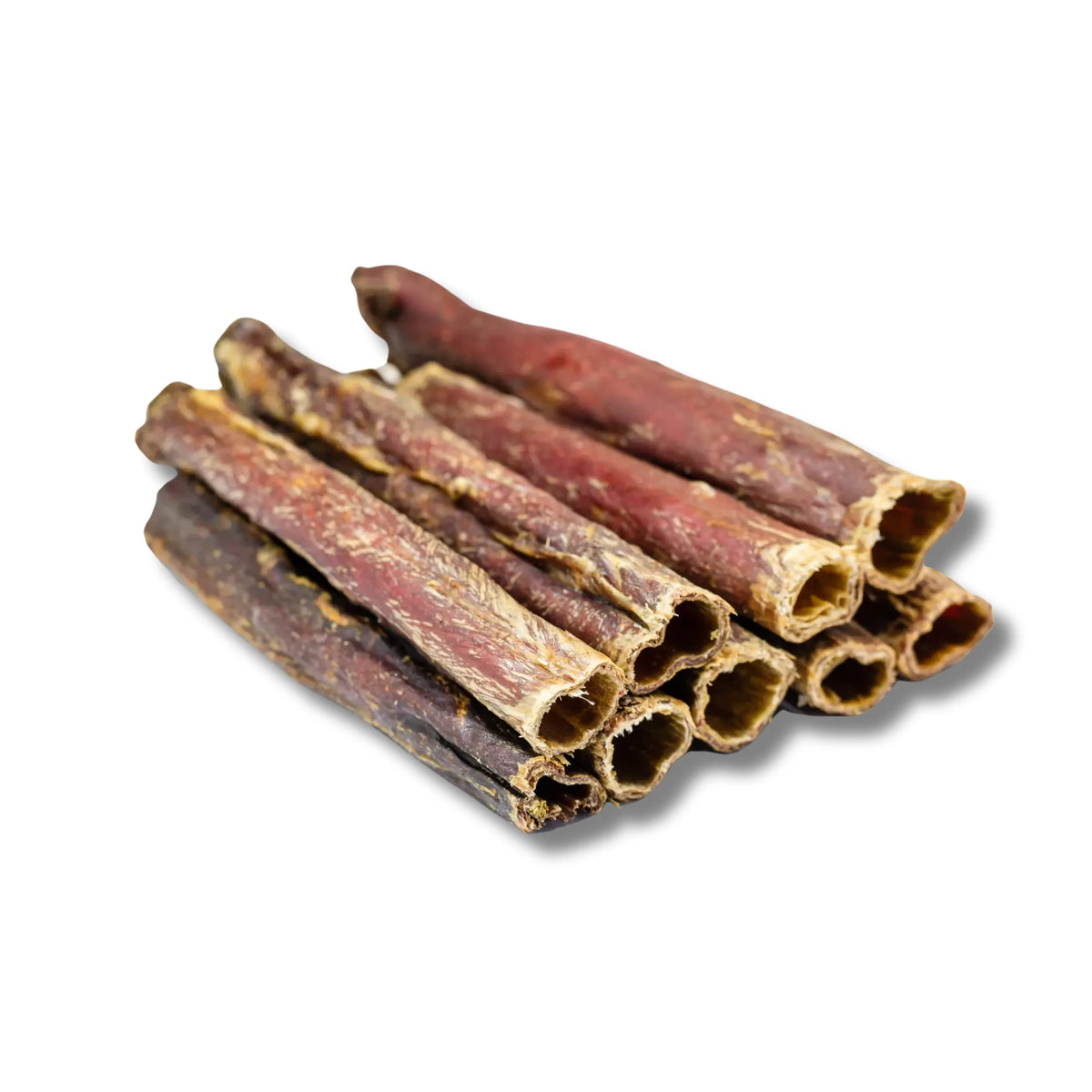 Stack of hollow dried beef esophagus dog chews on a white background