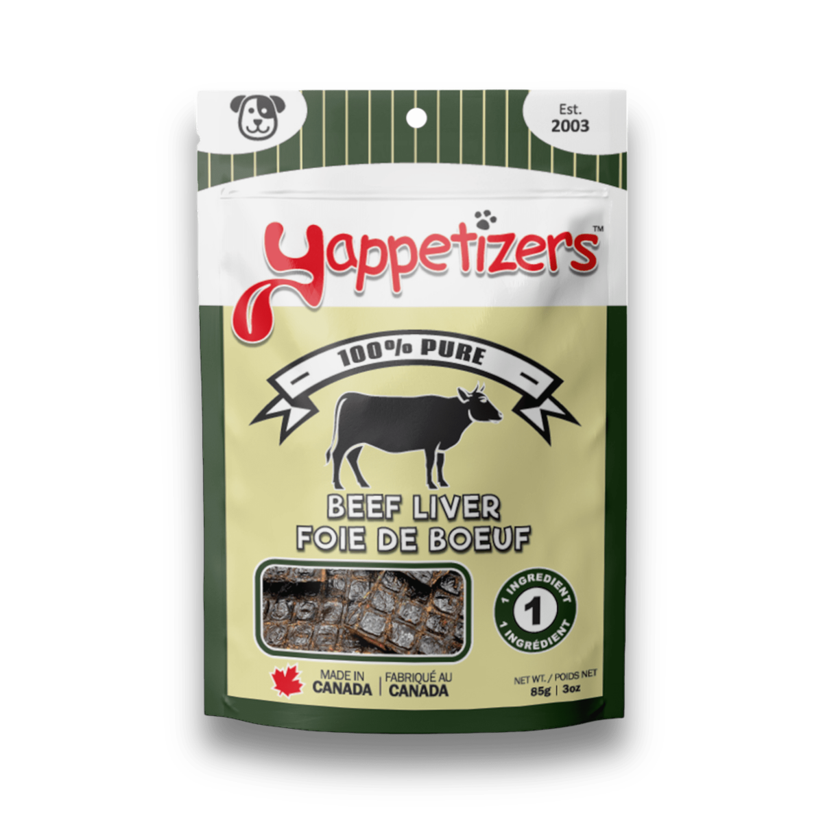 Yappetizers 100% Pure Dehydrated Beef Liver dog treat bag, made in Canada, on a white background