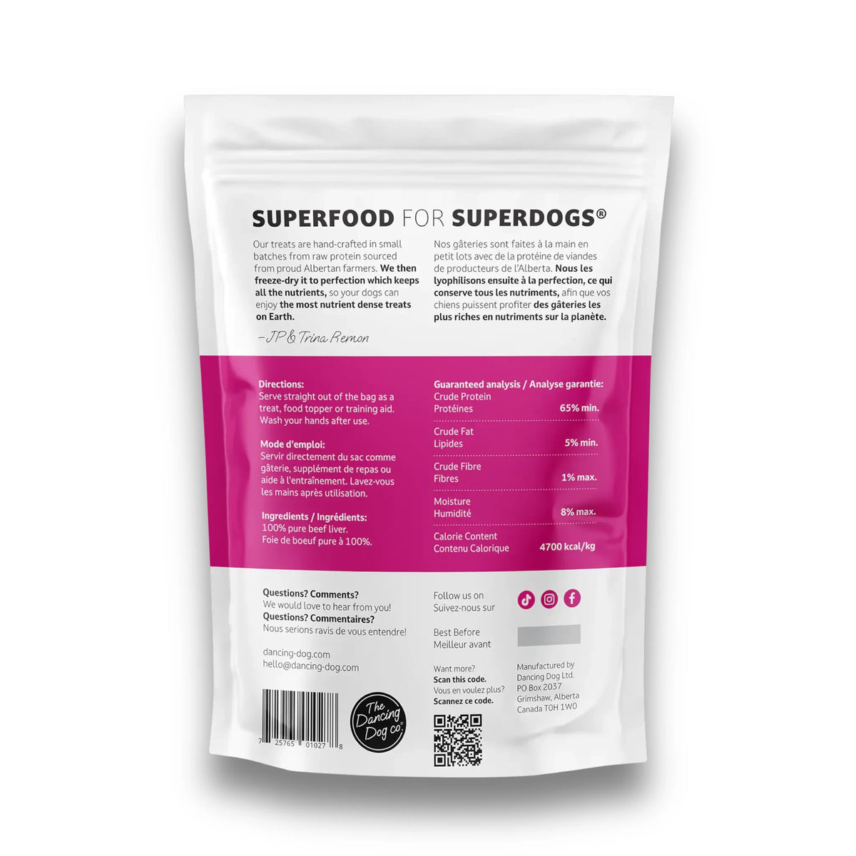 Back of The Dancing Dog Co. Beef Liver bag with directions, guaranteed analysis and ingredients, on a white background