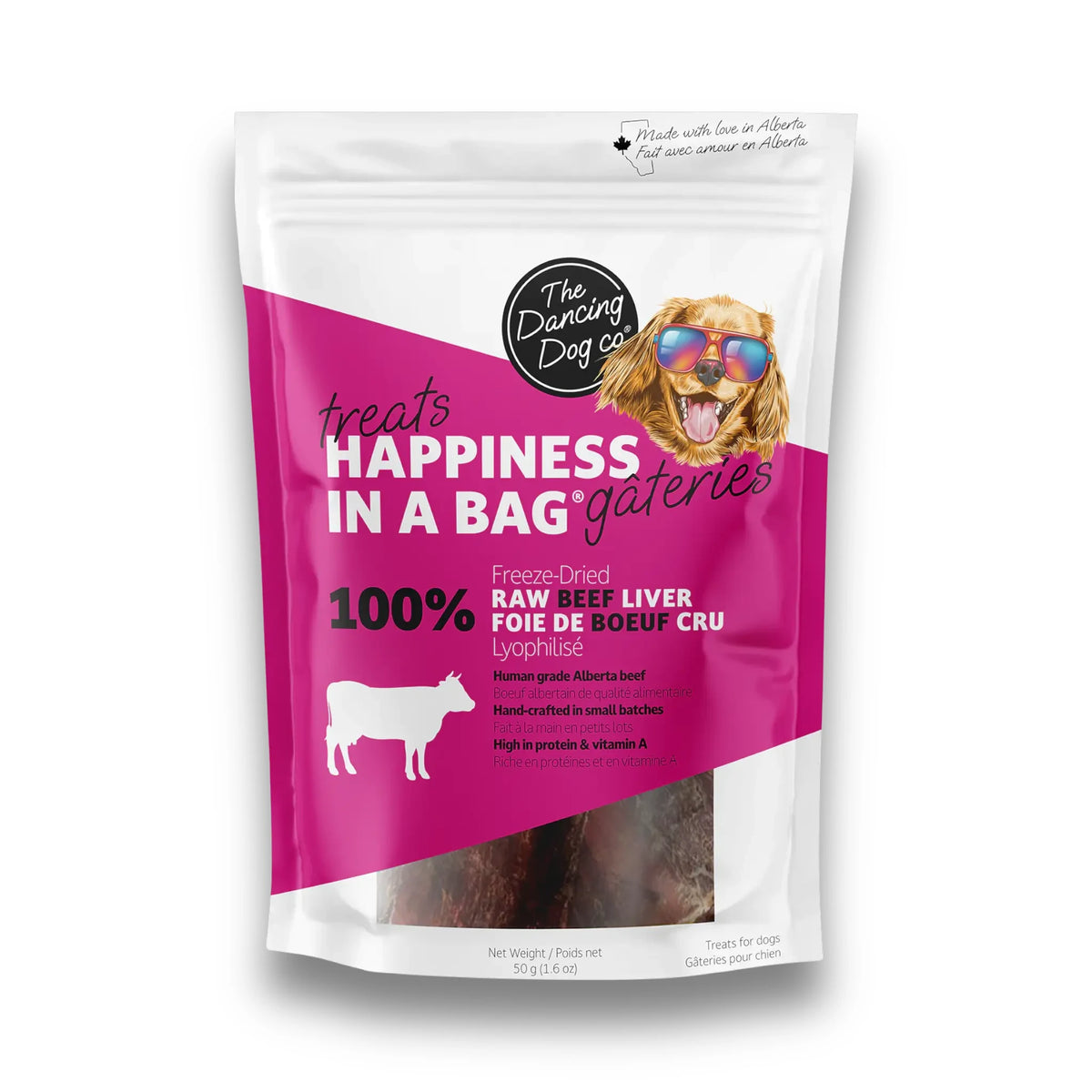 The Dancing Dog Co. 100% Freeze-Dried Raw Beef Liver treats bag, Happiness in a Bag, on a white background