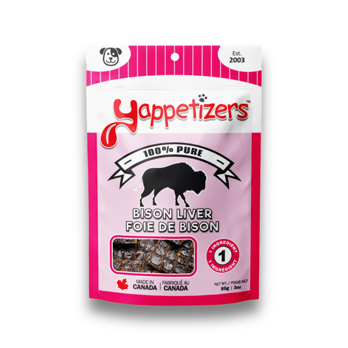 Yappetizers 100% Pure Bison Liver dog treat bag, made in Canada, on a white background