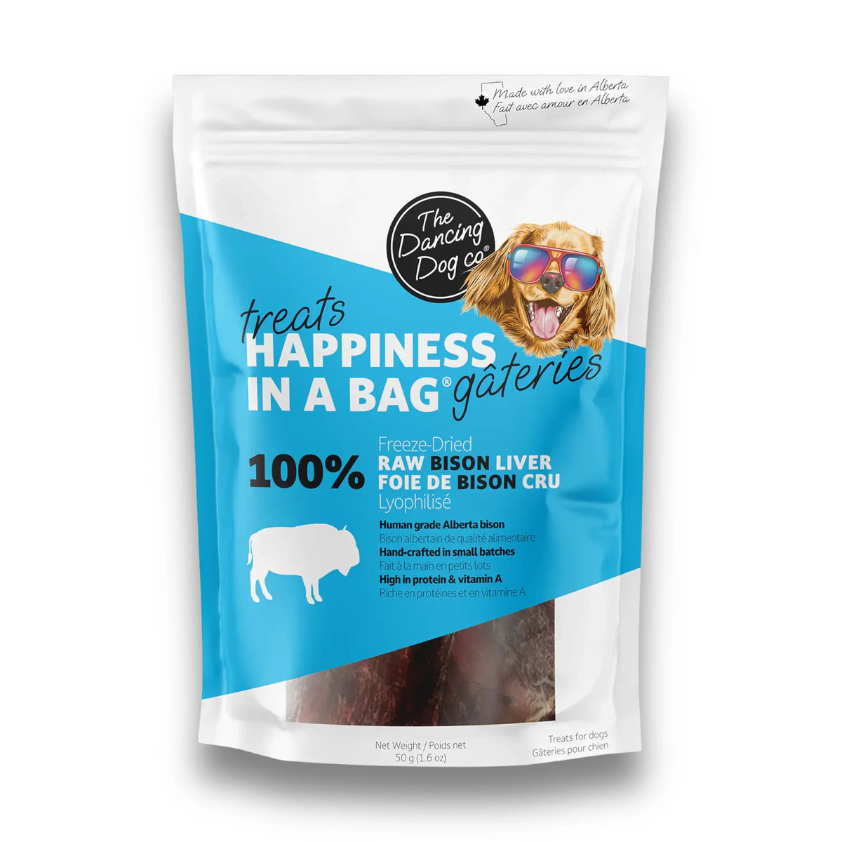 The Dancing Dog Co. 100% Freeze-Dried Raw Bison Liver treats bag, Happiness in a Bag, on a white background