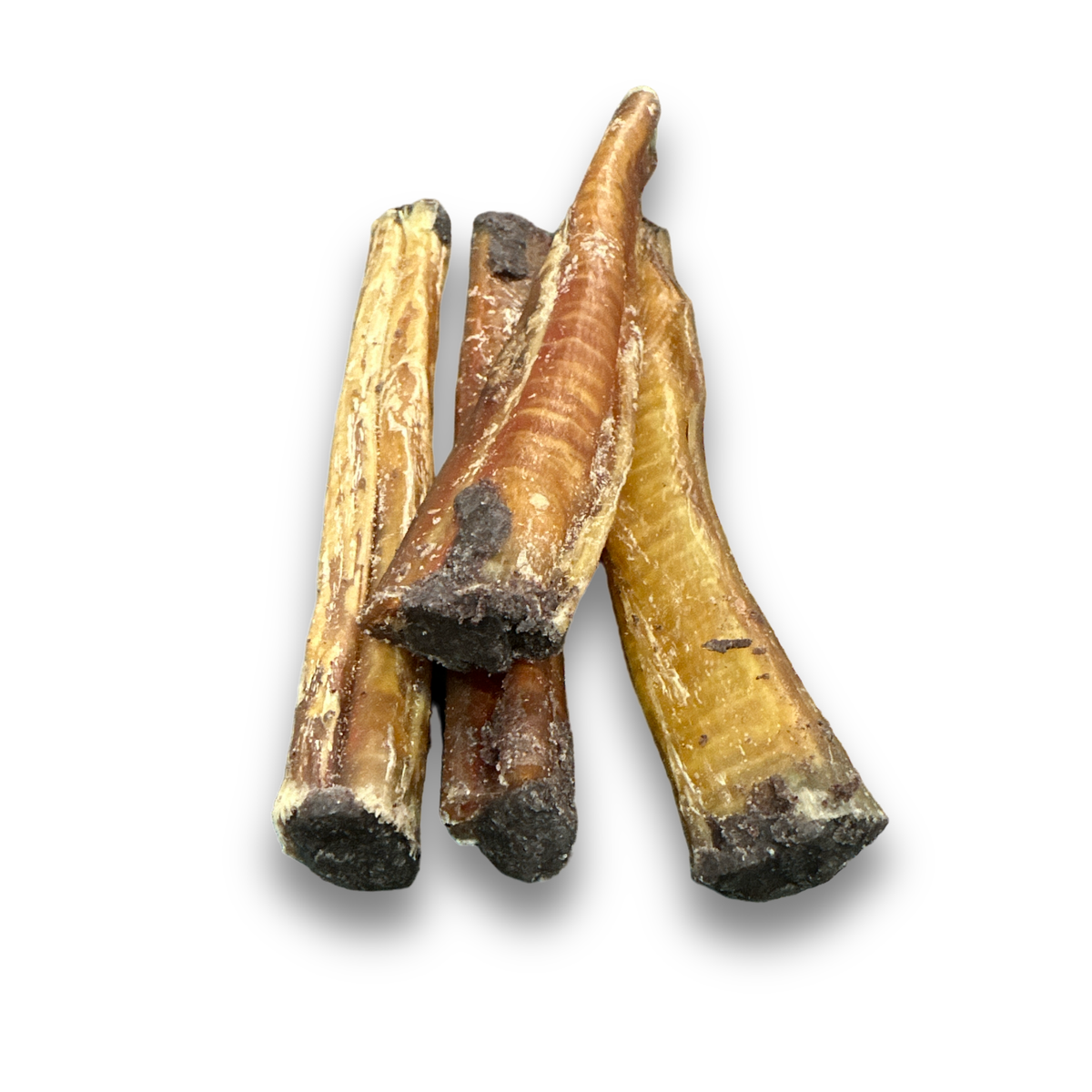 Three bully sticks with dark blueberry-stuffed ends on a white background