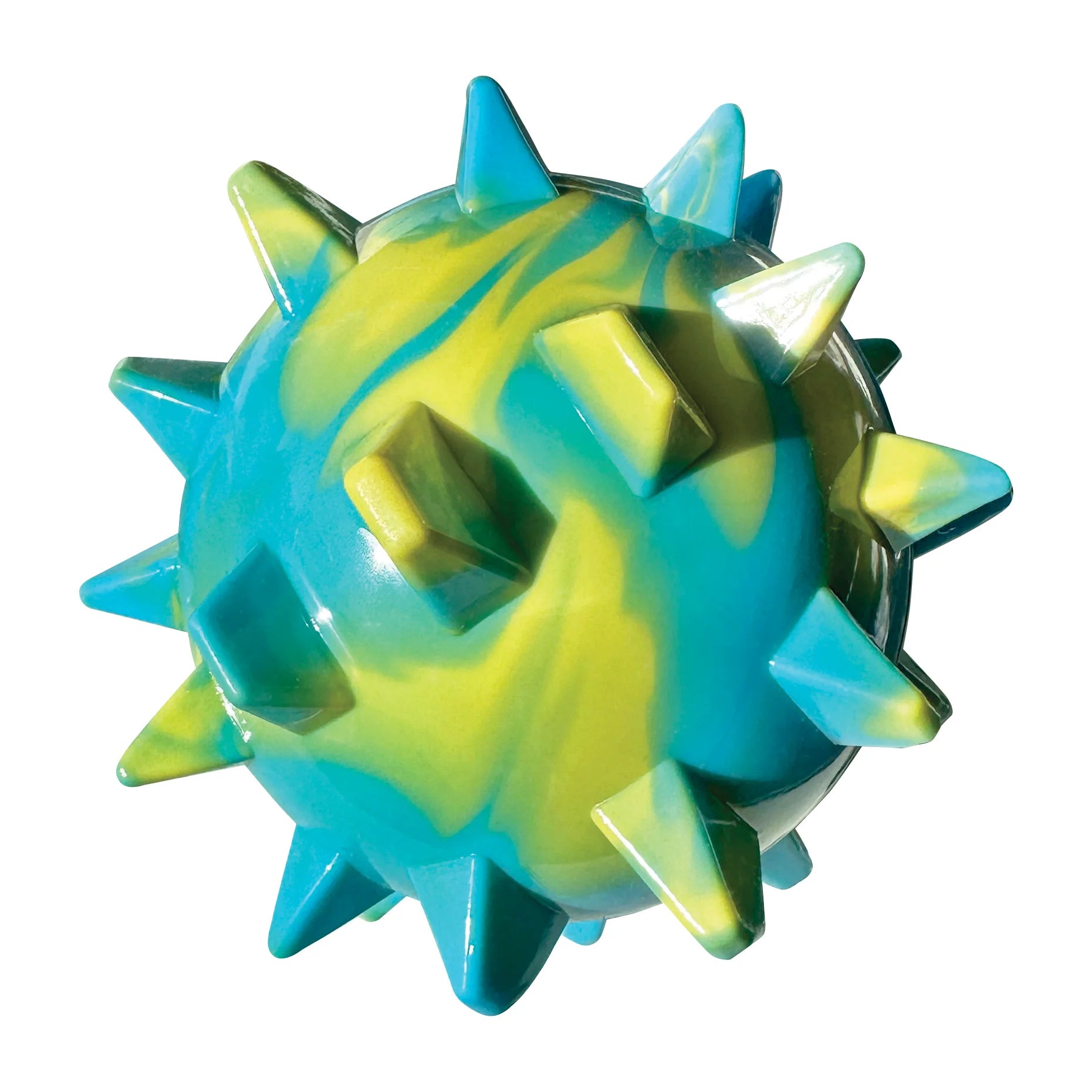 Blue and green spiked ball toy on a white background