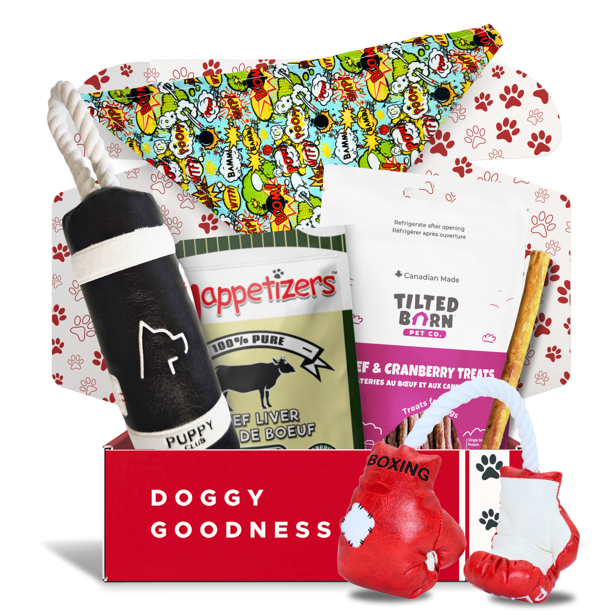 WoofCrate's Doggy Goodness box with a comic bandana, beef treats, and boxing-themed toys