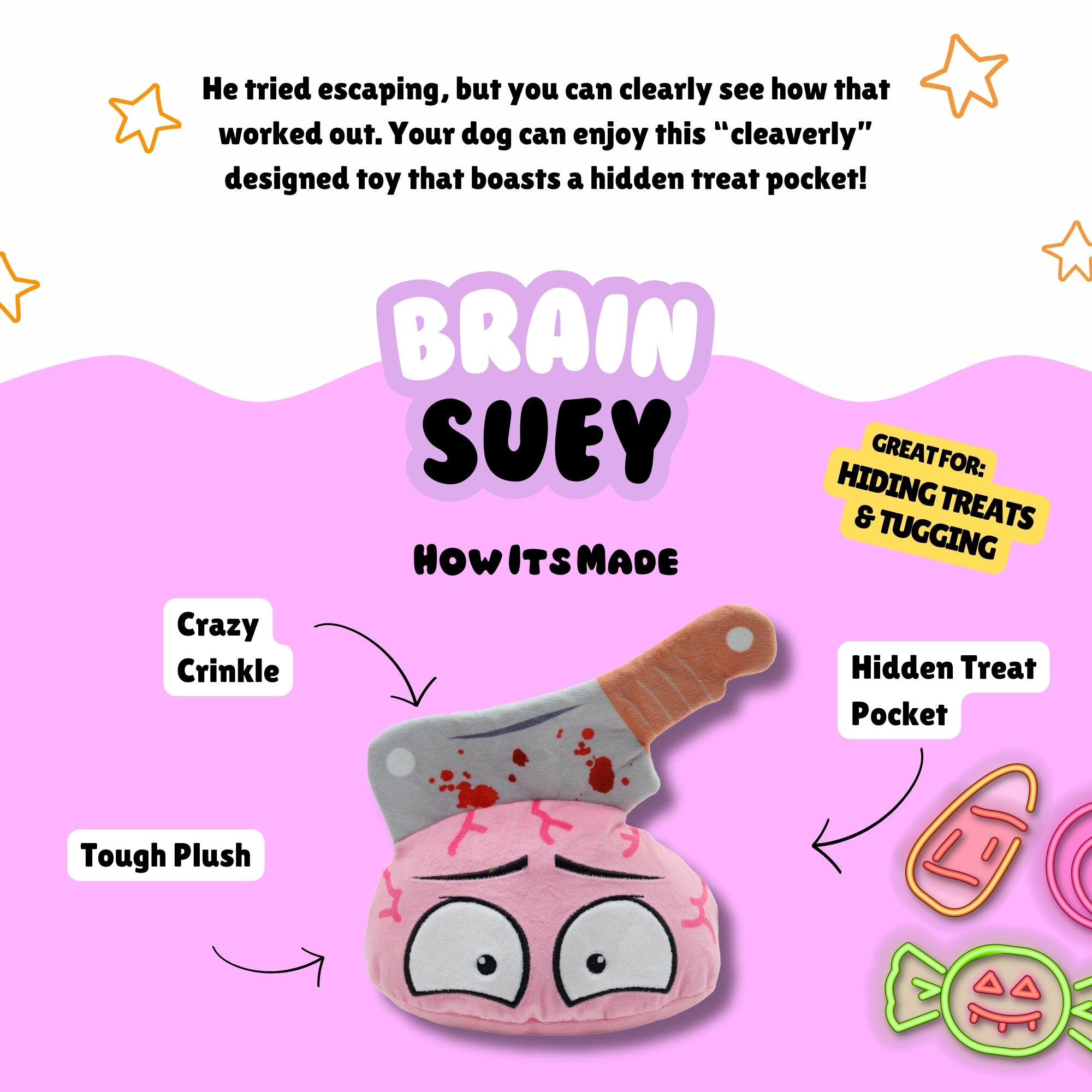 Brain Suey plush dog toy with labeled features like crinkle sound, tough plush, and hidden treat pocket