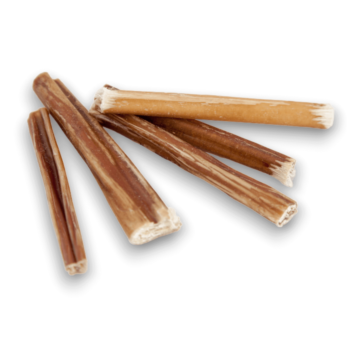 Five 6 inch bully stick dog chews on a white background