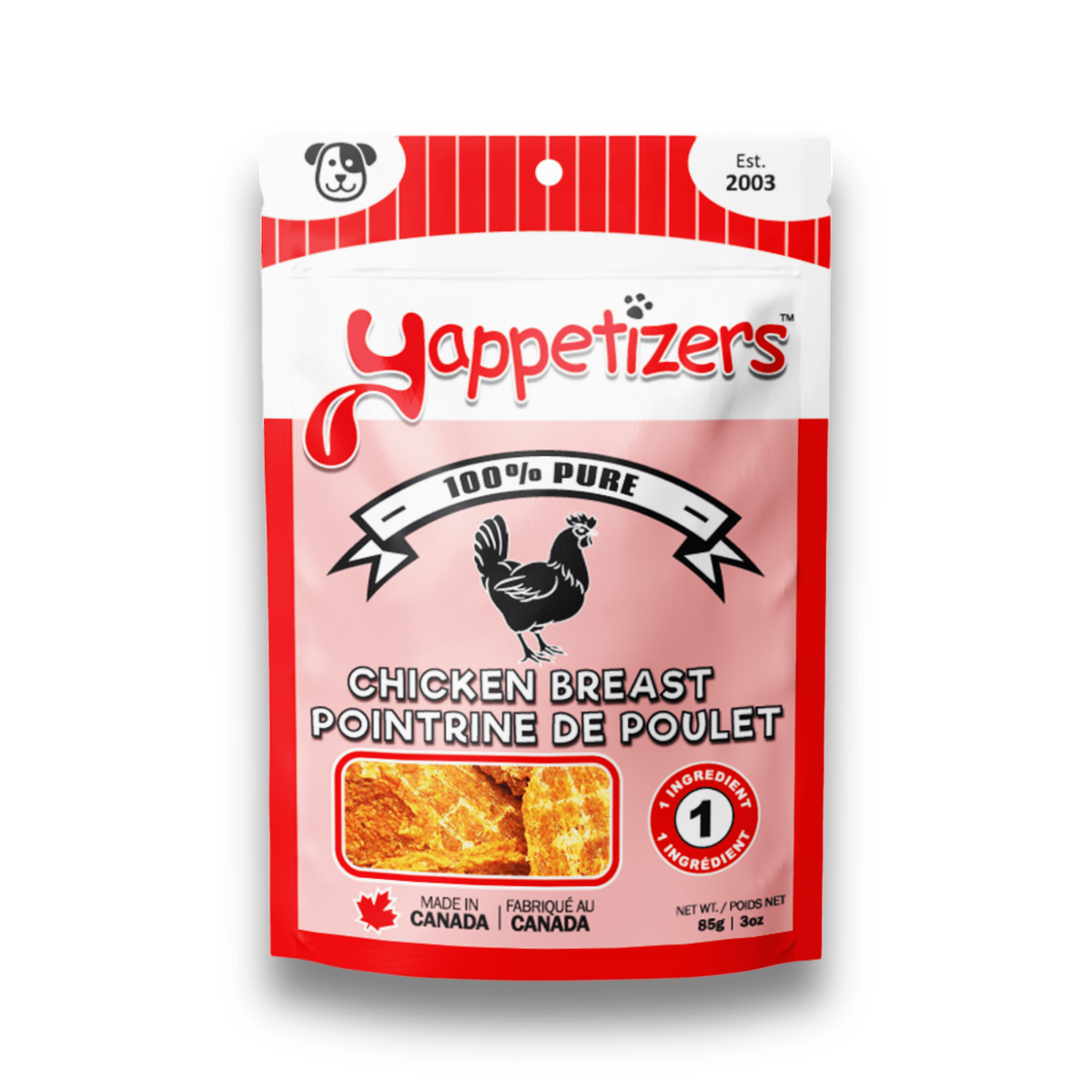 Yappetizers 100% Pure Chicken Breast dog treat bag, made in Canada, on a white background
