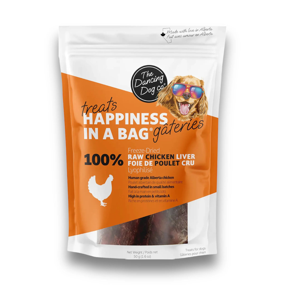 The Dancing Dog Co. 100% Freeze-Dried Raw Chicken Liver treats bag, Happiness in a Bag, on a white background
