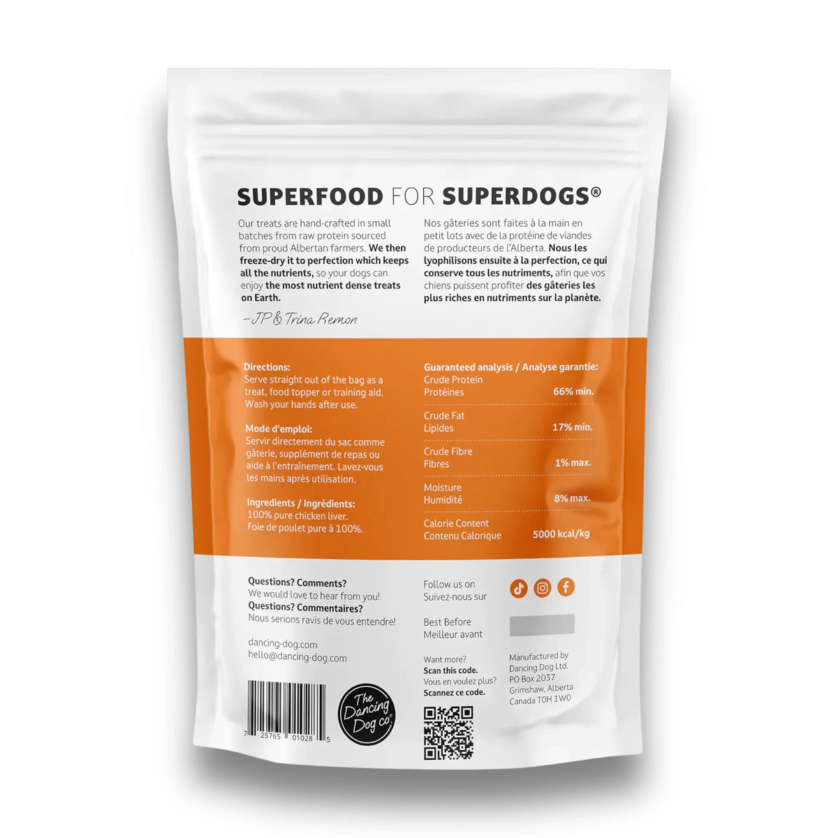 Back of The Dancing Dog Co. Chicken Liver bag with directions, guaranteed analysis and ingredients, on a white background