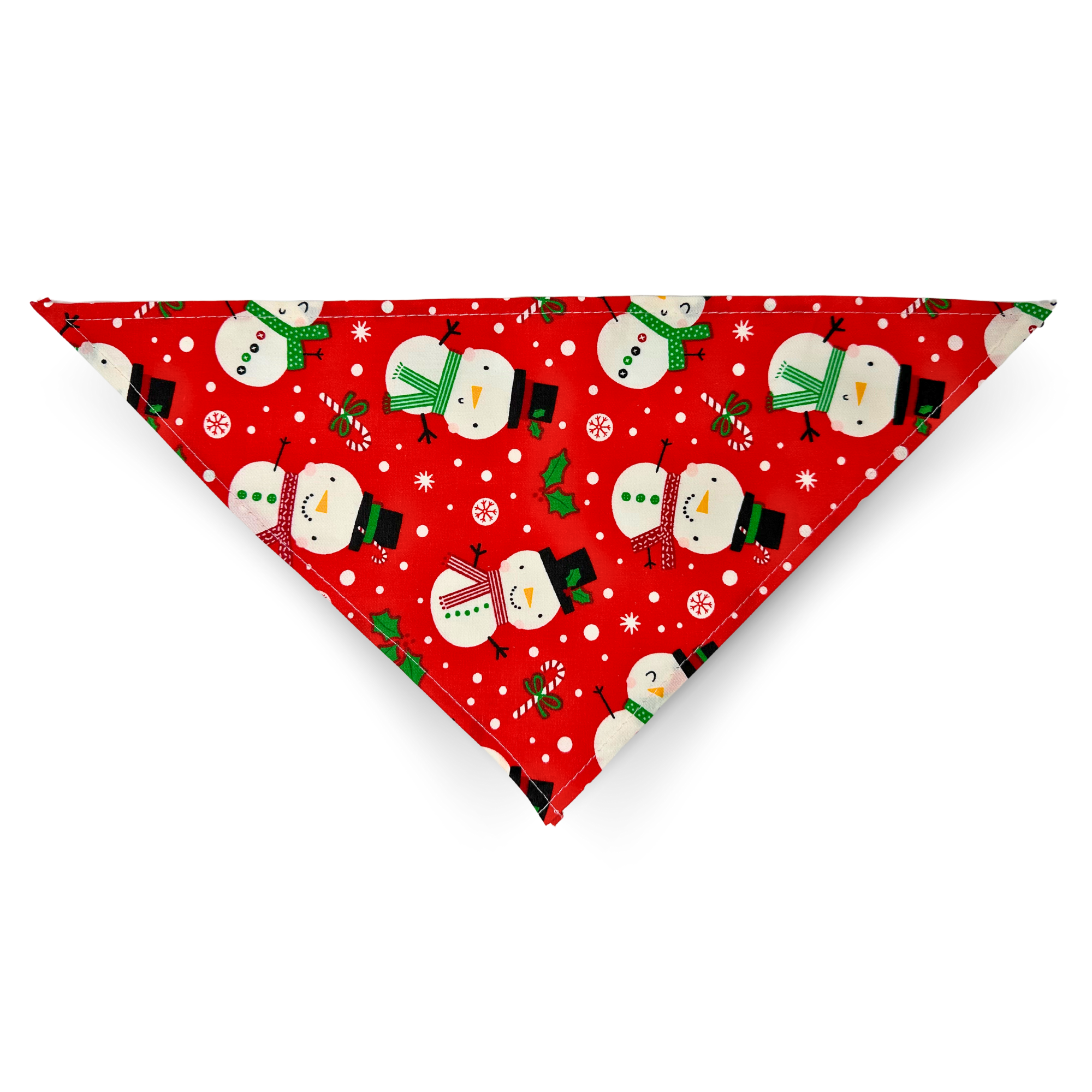 Red dog bandana with holiday icons like snowmen, holly, and snowflakes
