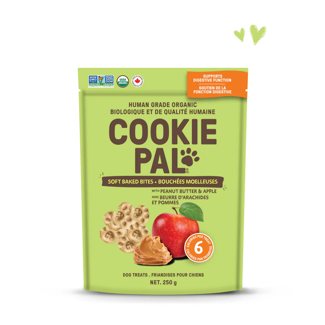 Front view of CookiePal dog treats bag, featuring peanut butter and apple flavor