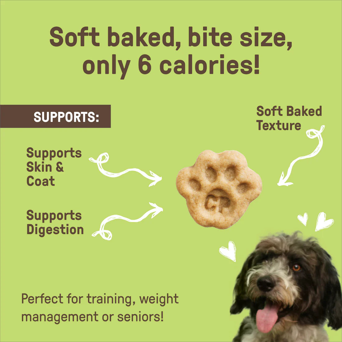 A dog on a CookiePal bag with text highlighting soft-baked treats, 6 calories per bite, and digestion support