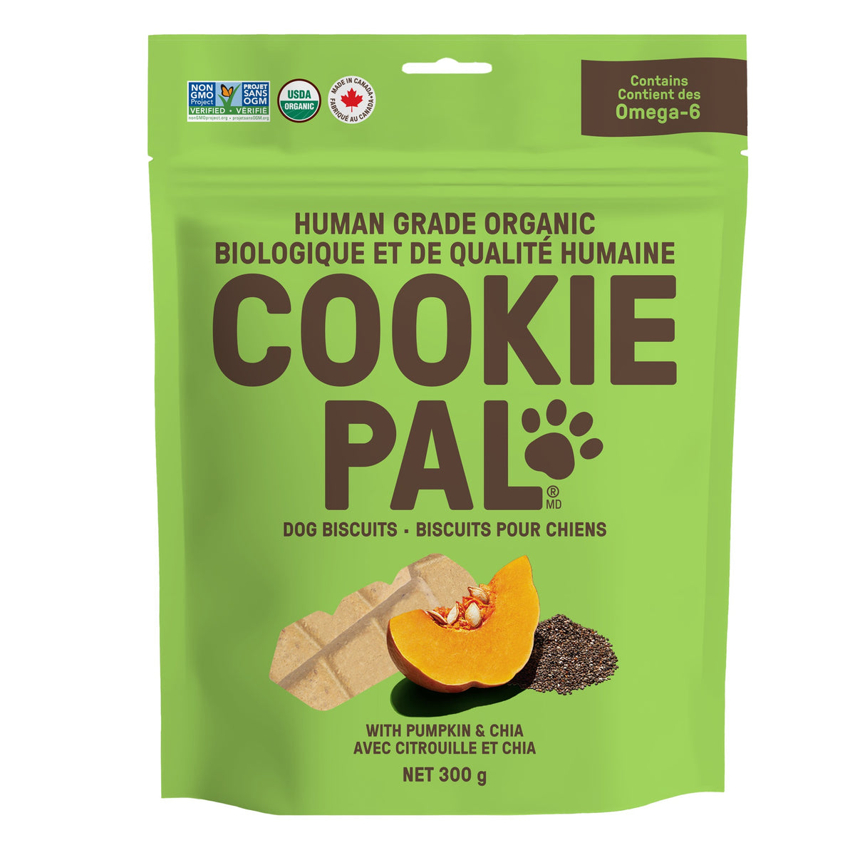 CookiePal organic Pumpkin & Chia dog biscuits 300 g bag on a white background