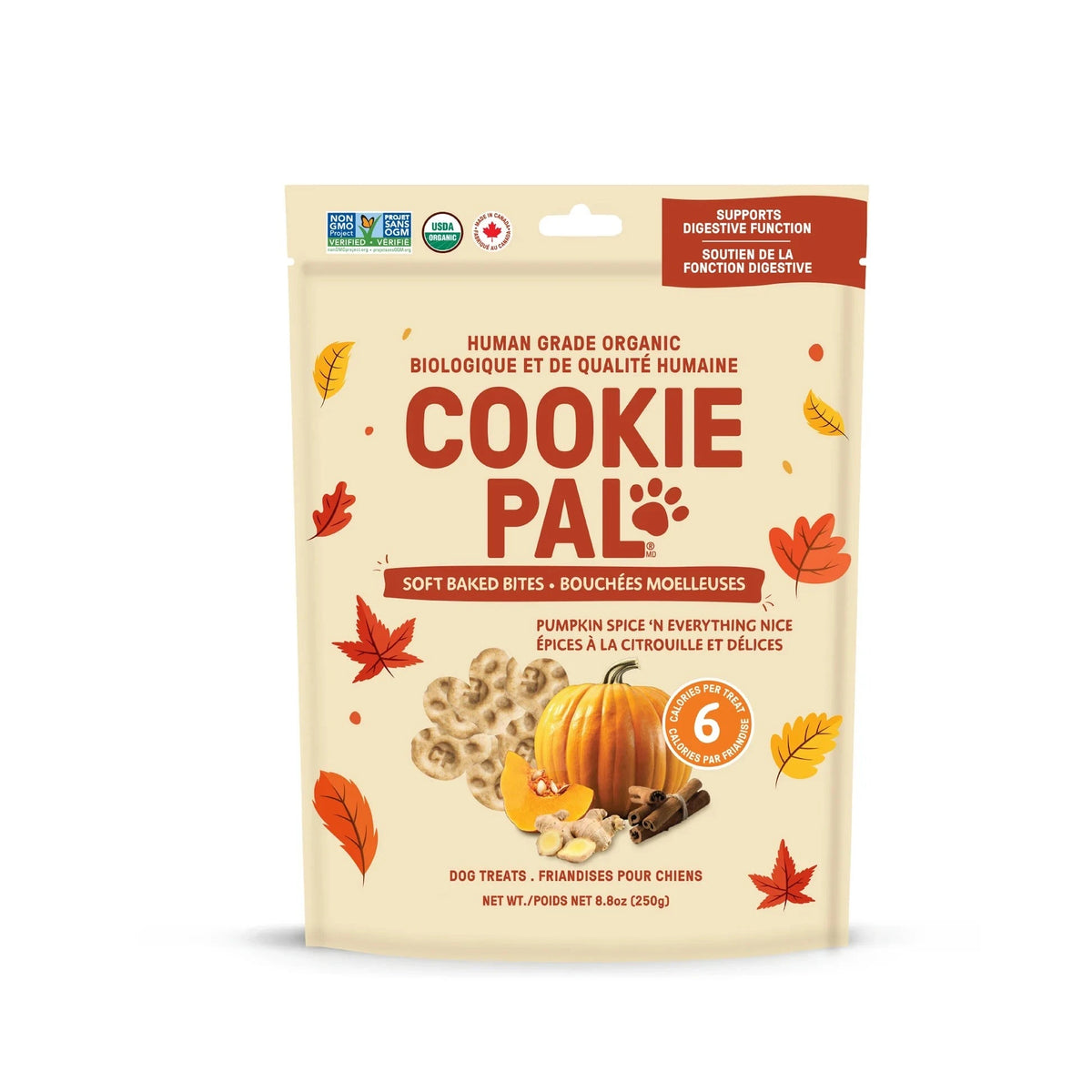 CookiePal organic Pumpkin Spice 'N Everything Nice Soft Baked Bites 250 g bag on a white background