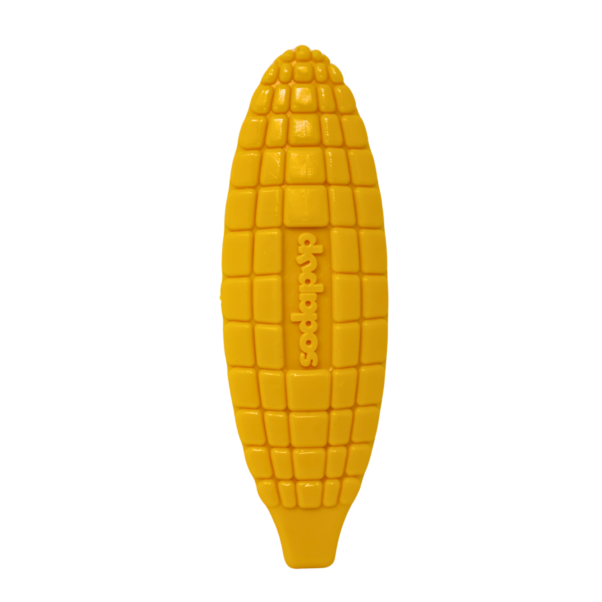 Top view of a yellow corn cob-shaped dog chew toy with “Sodapup” embossed on the center
