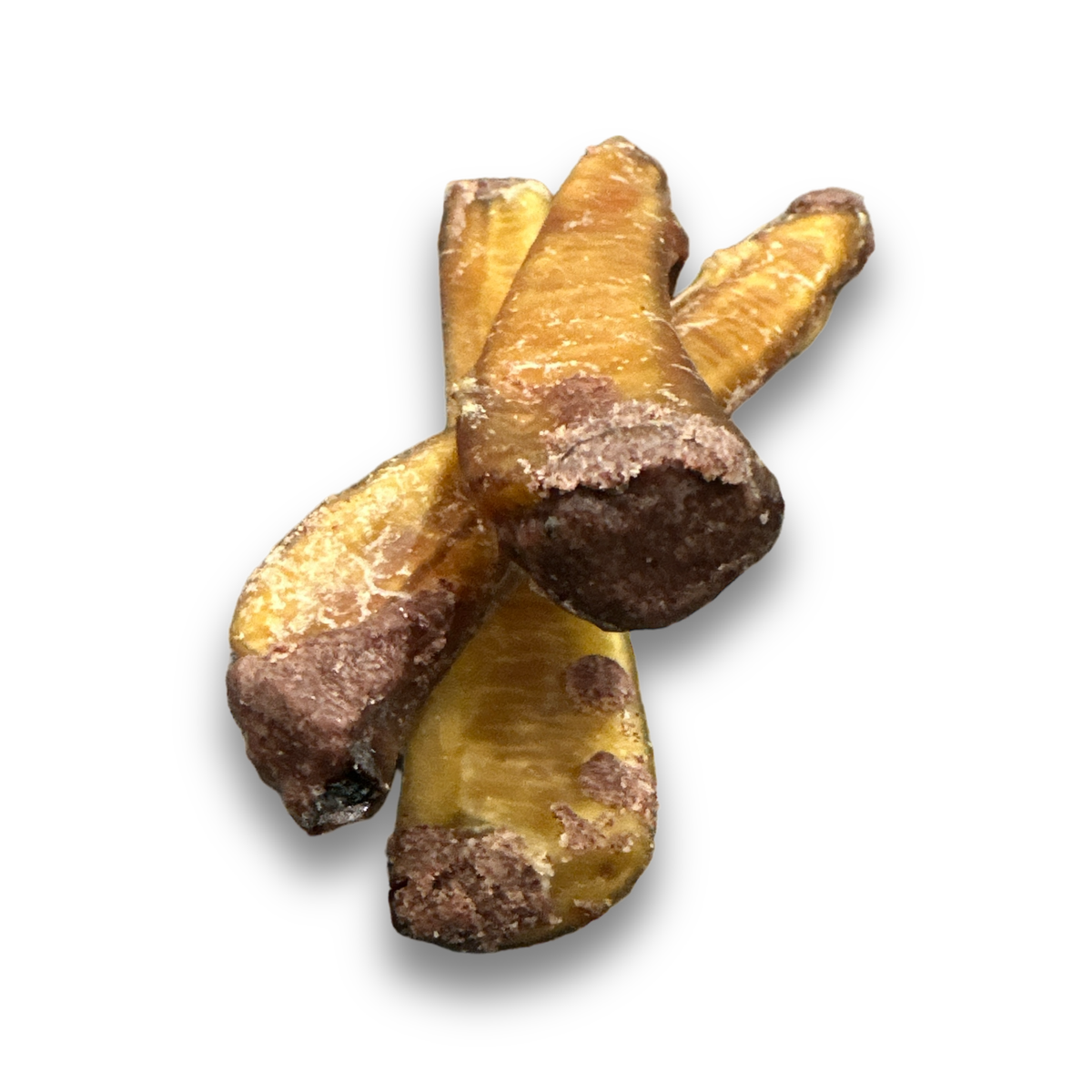 Thick bully sticks with red cranberry-stuffed ends on a white background