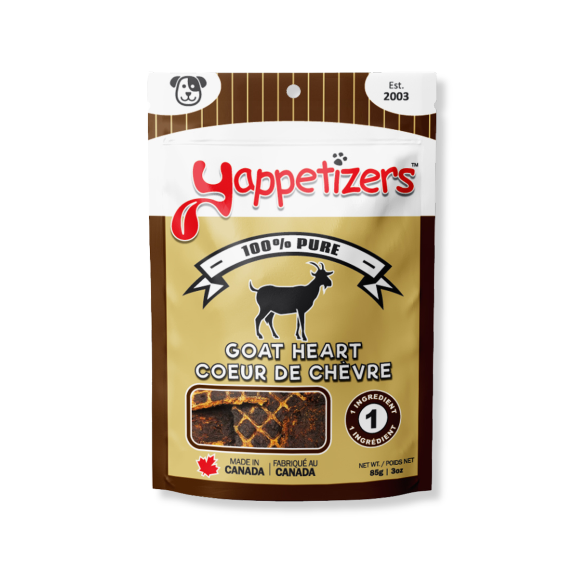 Yappetizers 100% Pure Goat Heart dog treat bag, made in Canada, on a white background