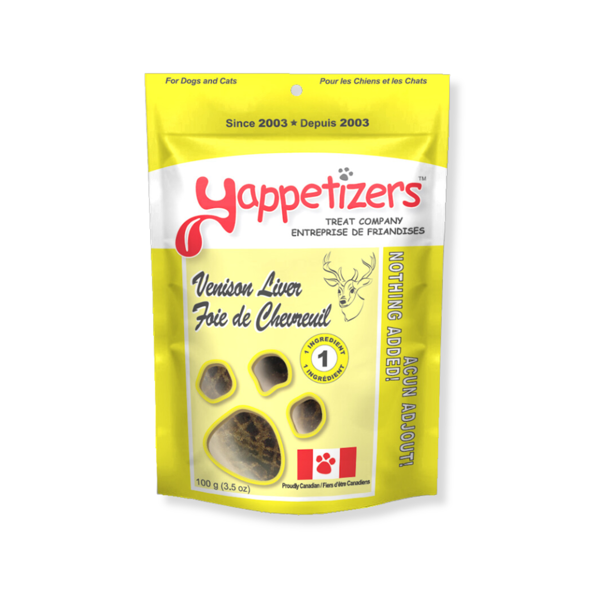 Yappetizers Venison Liver (Foie de Chevreuil) dog treat bag on a white background