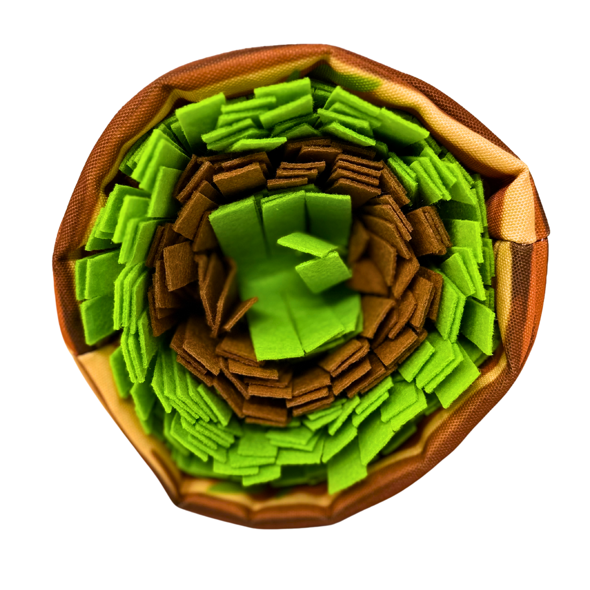 Top view of a circular nest made of layered green and brown fleece flaps