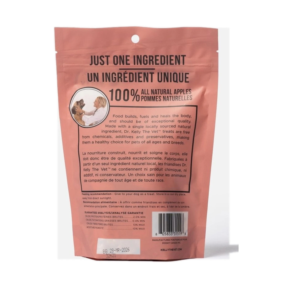 Back of Dr. Kelly Apple treats bag with ingredient and guaranteed analysis panel, on a white background