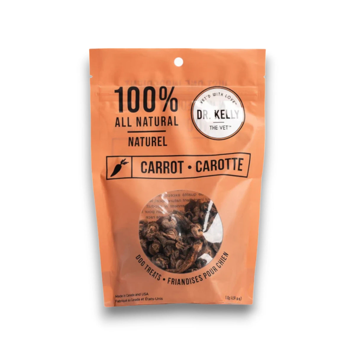 Dr. Kelly The Vet 100% All Natural Carrot dog treats bag on a white background