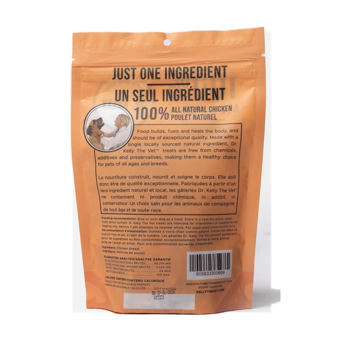 Back of Dr. Kelly Chicken treats bag with ingredient and guaranteed analysis panel, on a white background