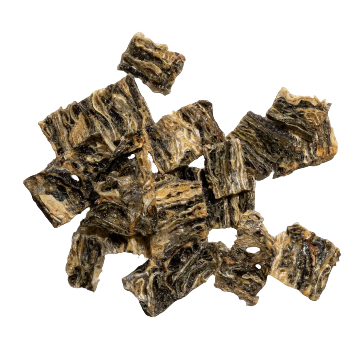 Pieces of dried cod skin dog treats on a white background