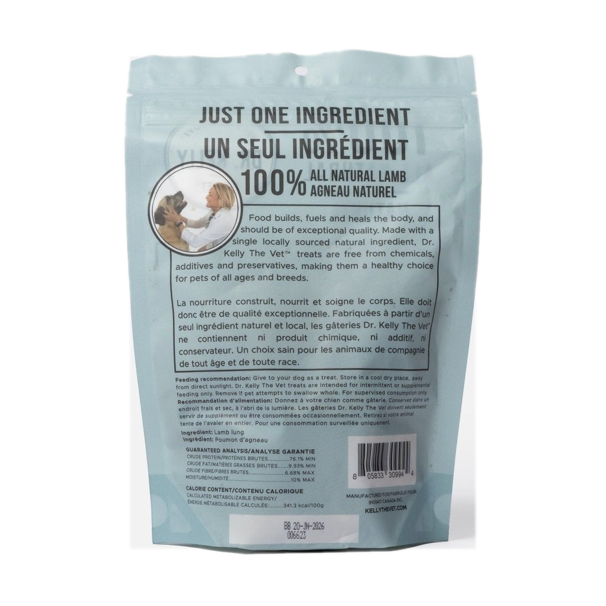 Back of Dr. Kelly Lamb Lung treats bag with ingredient and guaranteed analysis panel, on a white background