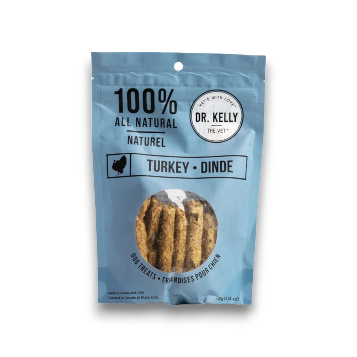 Dr. Kelly The Vet 100% All Natural Turkey dog treats bag on a white background