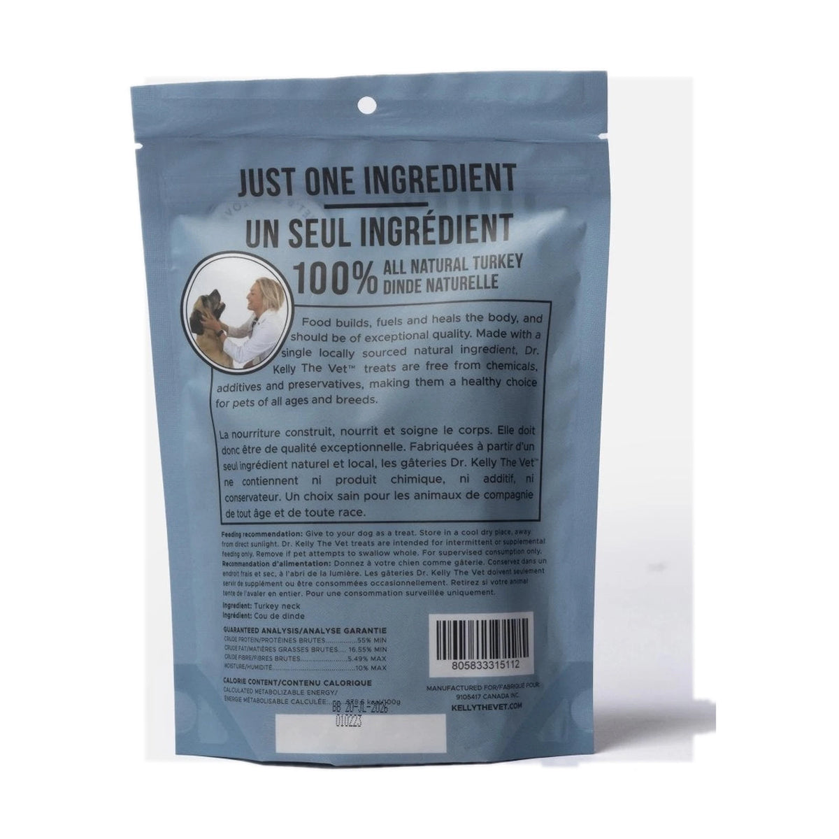 Back of Dr. Kelly Turkey treats bag with ingredient and guaranteed analysis panel, on a white background