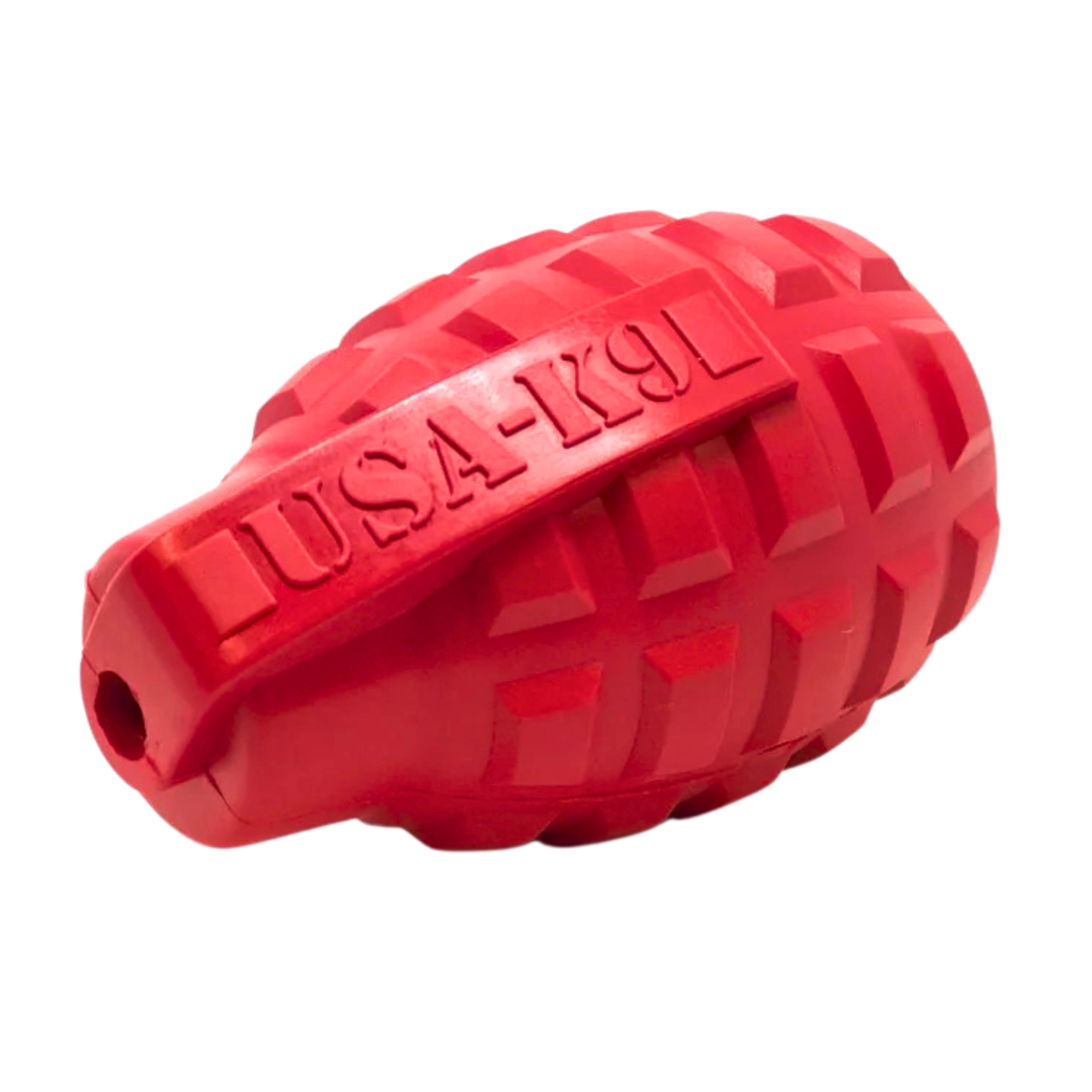 Red rubber dog toy shaped like a grenade with a hollow center for treat placement