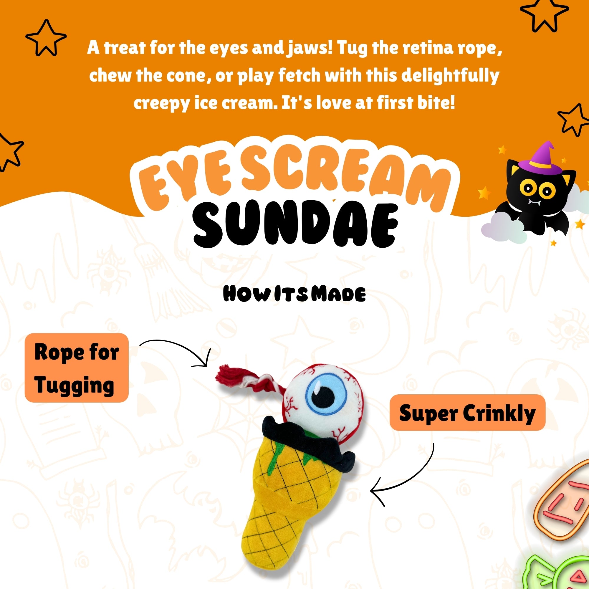“Eye Scream Sundae” plush dog toy with rope-tug eyeball scoop and a pineapple-textured cone