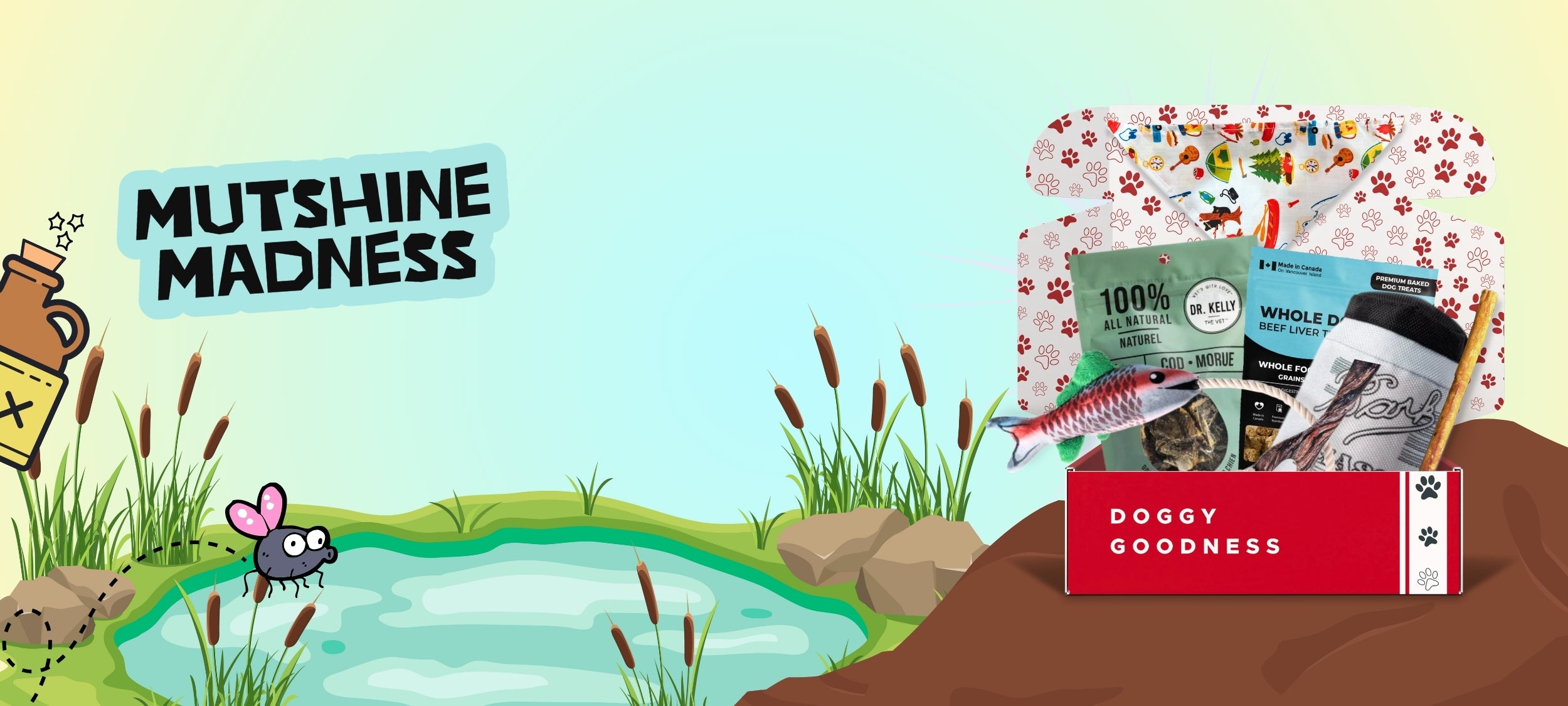 Illustrated banner for “Mutshine Madness” showcasing a dog-themed gift box filled with treats and toys near a cartoon pond